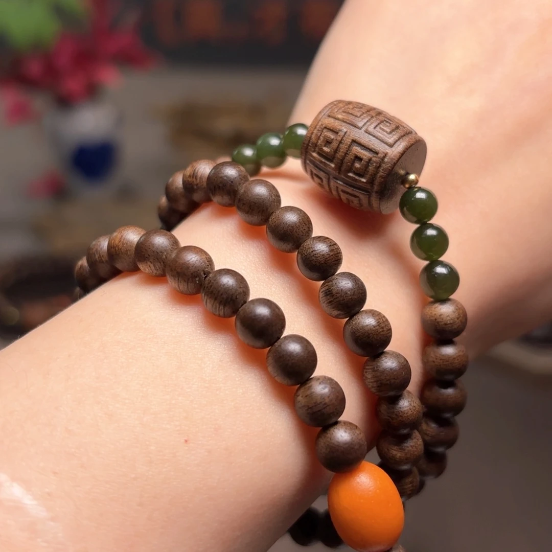 沉香手串越南芽庄黑土沉香0.6+芽庄白棋沉香木雕配饰