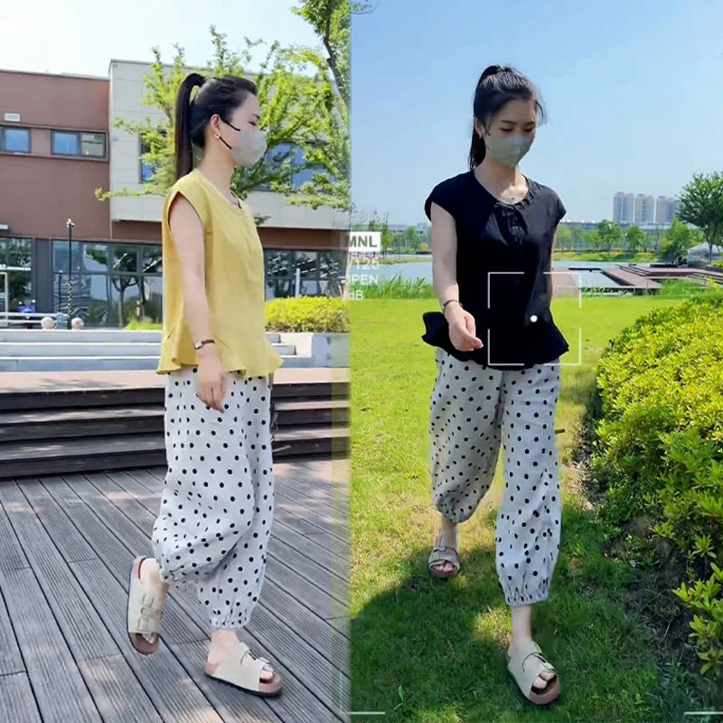 法式时尚减龄小个子百搭新款圆领下摆花边上衣休闲波点裤两件套女