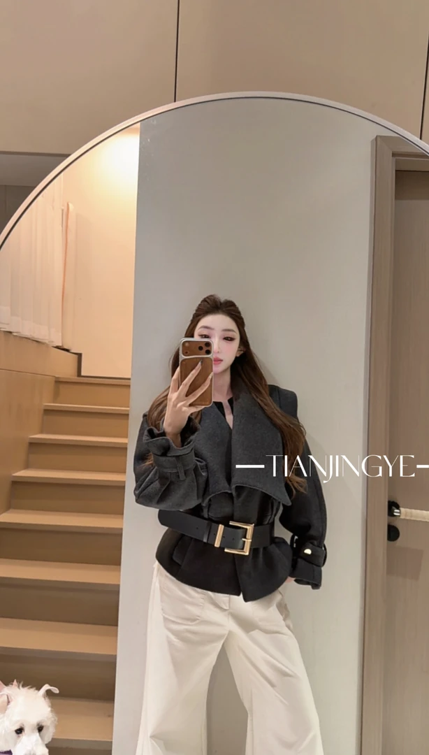 JINGYE/25~上新秋冬秋冬新款不规则拼接深灰色翻领外套