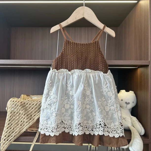 女宝夏款森系重工咖色蕾丝连衣裙三角巾套装a15