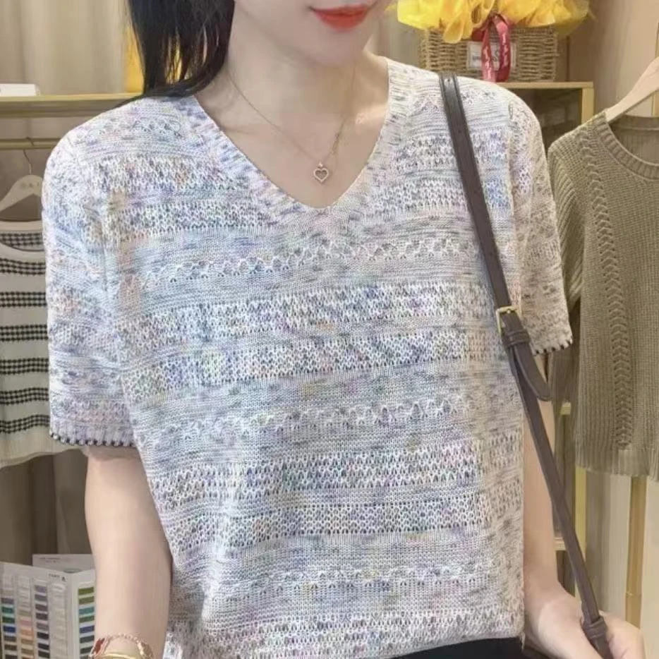 女士装针织衫幻彩2025夏季韩版新款慵懒风毛衣短袖T恤百搭上衣服