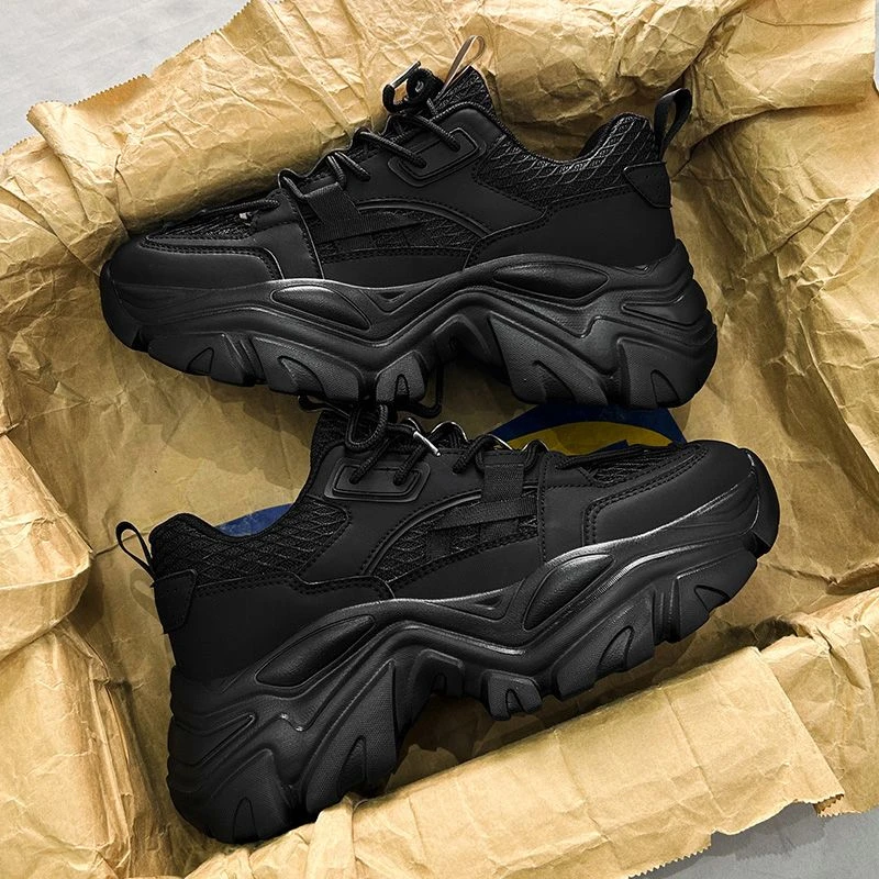 男鞋春季网面透气潮牌百搭运动休闲鞋男士厚底内增高黑色老爹潮鞋