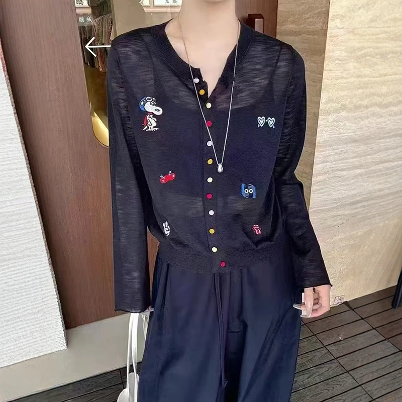 卡通时尚刺绣彩扣单排扣薄款针织衫女秋冬竹节麻冰丝防晒开衫上衣