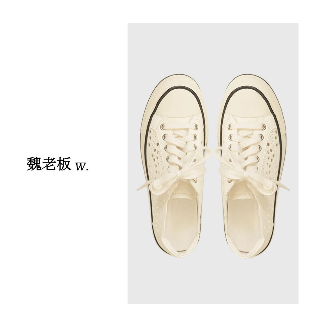 W.Diva【维港】夏季出行百搭透气真皮厚底系带休闲板鞋50X161741