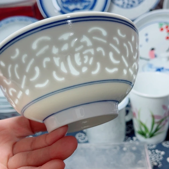 青花玲珑5寸饭碗满雕双福双线