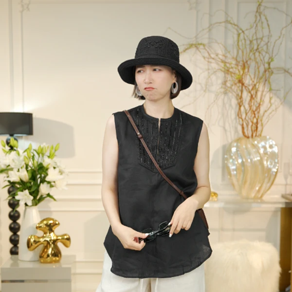 重工钉珠设计通勤休闲百搭亚麻无袖网红背心夏季