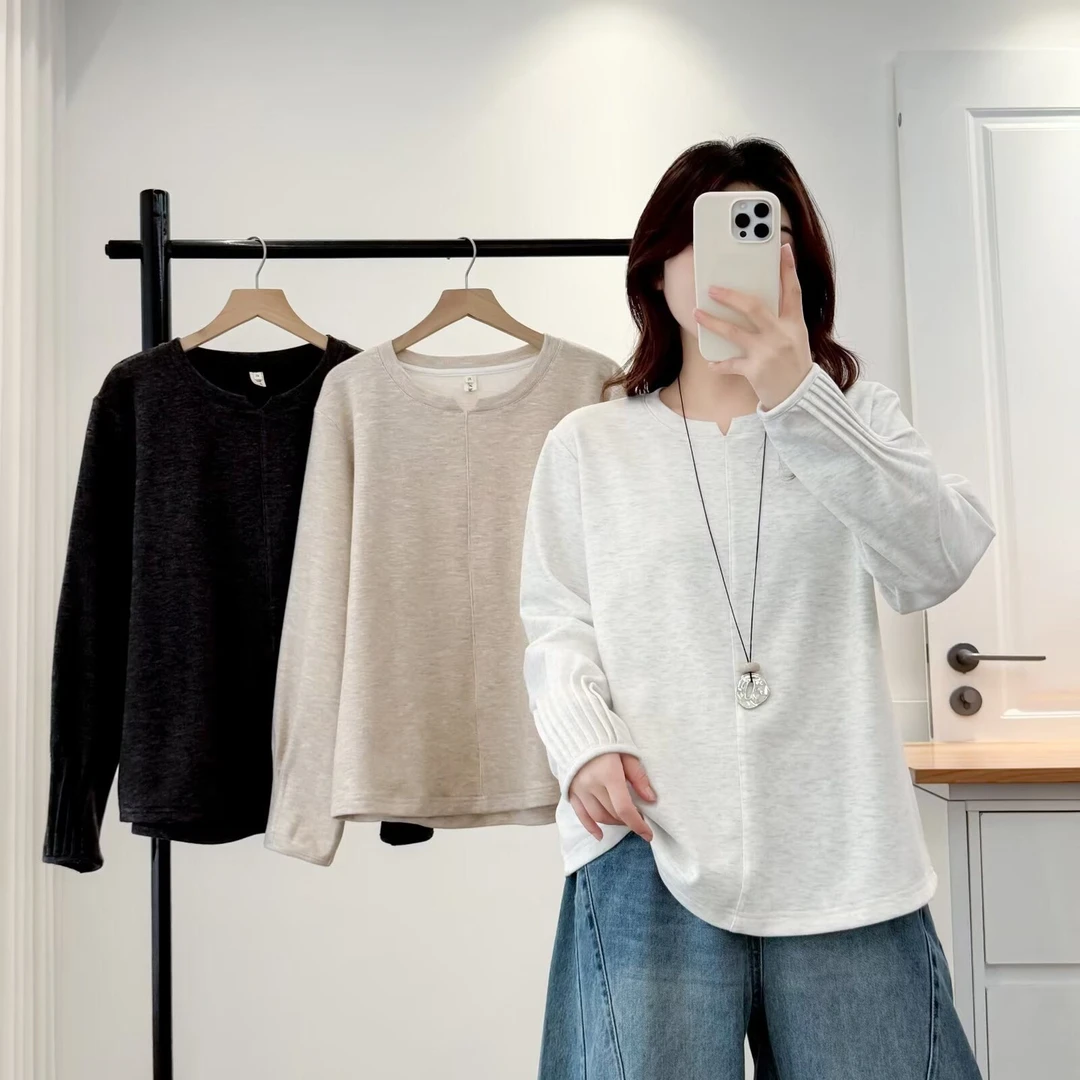 胖mm秋冬款韩系纯色简约遮肉加绒长袖打底衫T恤女192