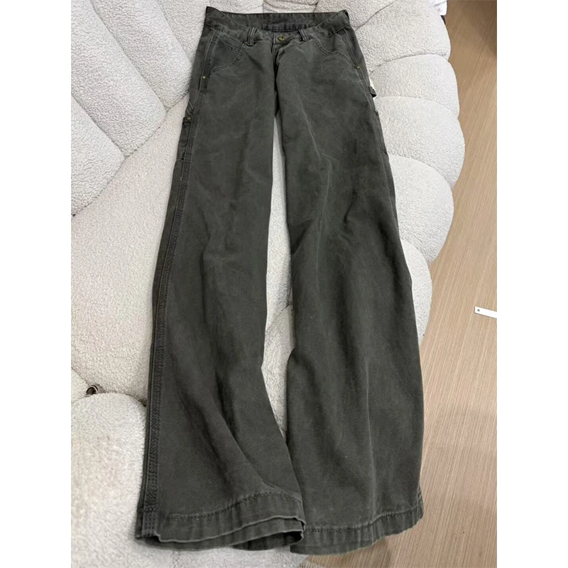 美式复古军绿色工装牛仔裤女夏季高腰宽松直筒阔腿拖地梧桐长裤子