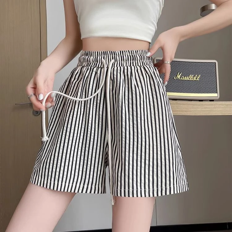 松紧腰黑白2025新款条纹短裤夏季薄款显瘦宽松阔腿休闲五分裤热裤