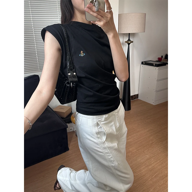 黑色不规则短袖T恤女2025年夏季新款修身显瘦纯色绣花半袖体恤