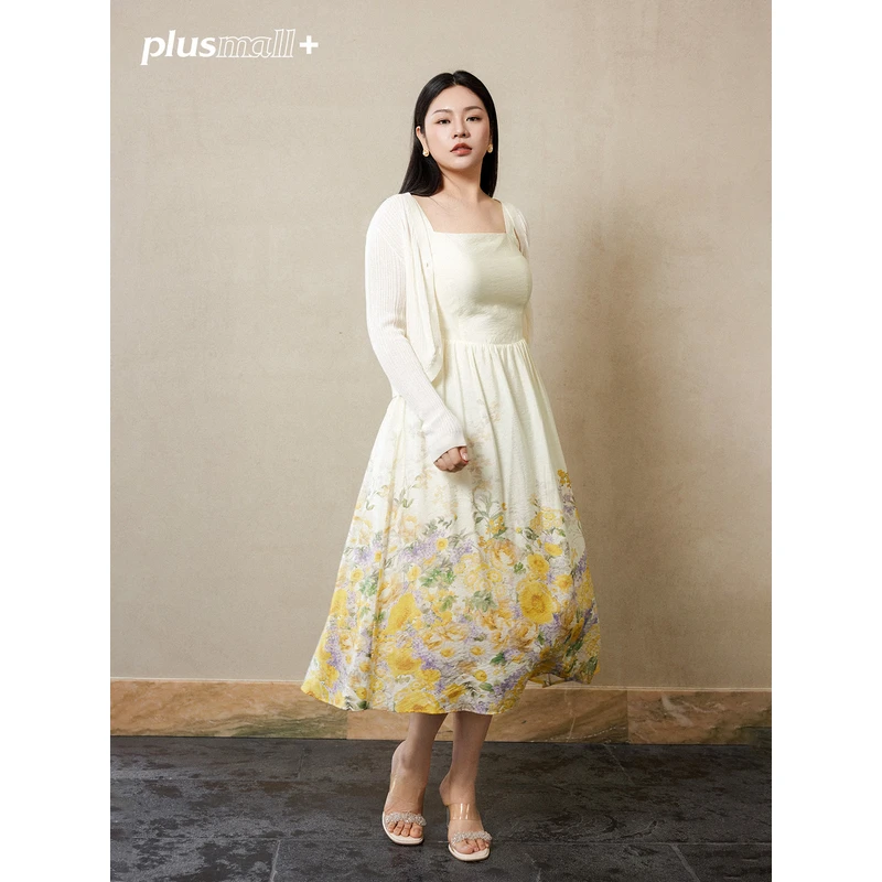 PLUSMALL 柠香甜杏 法式夏季碎花氛围感定位印花吊带裙PM2503065