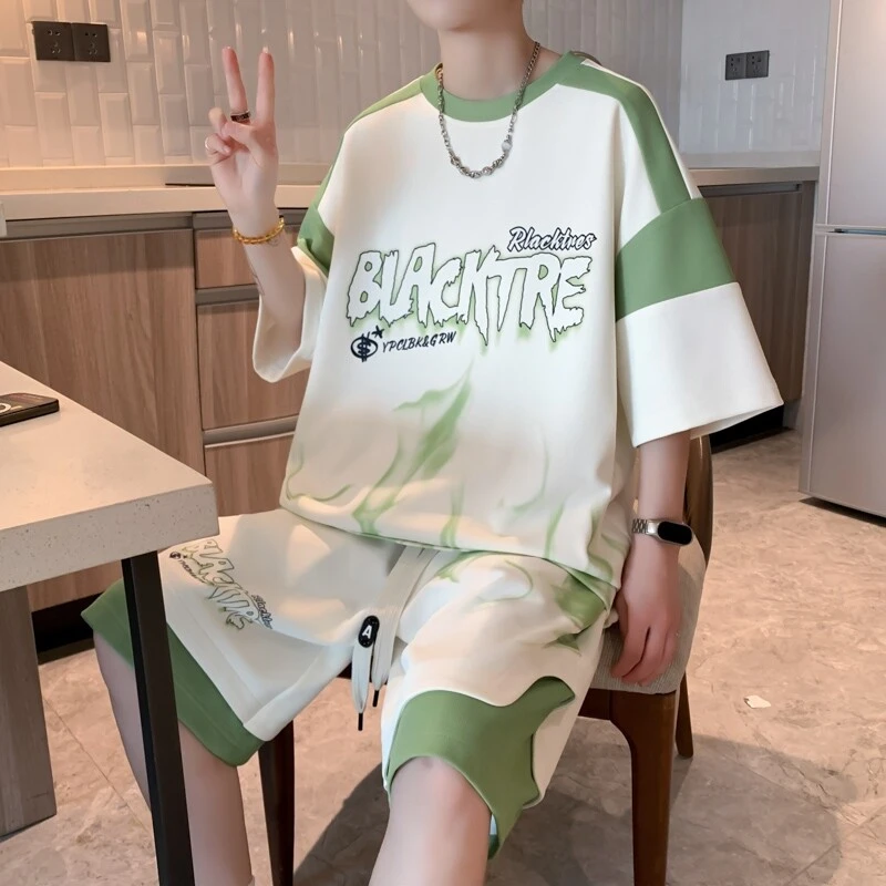 冰丝短袖t恤男夏季潮流运动套装男青少年一套搭配帅气半袖男体恤T