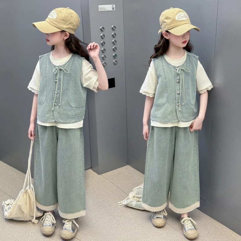 女童洋气套装2025夏装新款女孩韩版休闲牛仔马甲阔腿裤三件套薄款