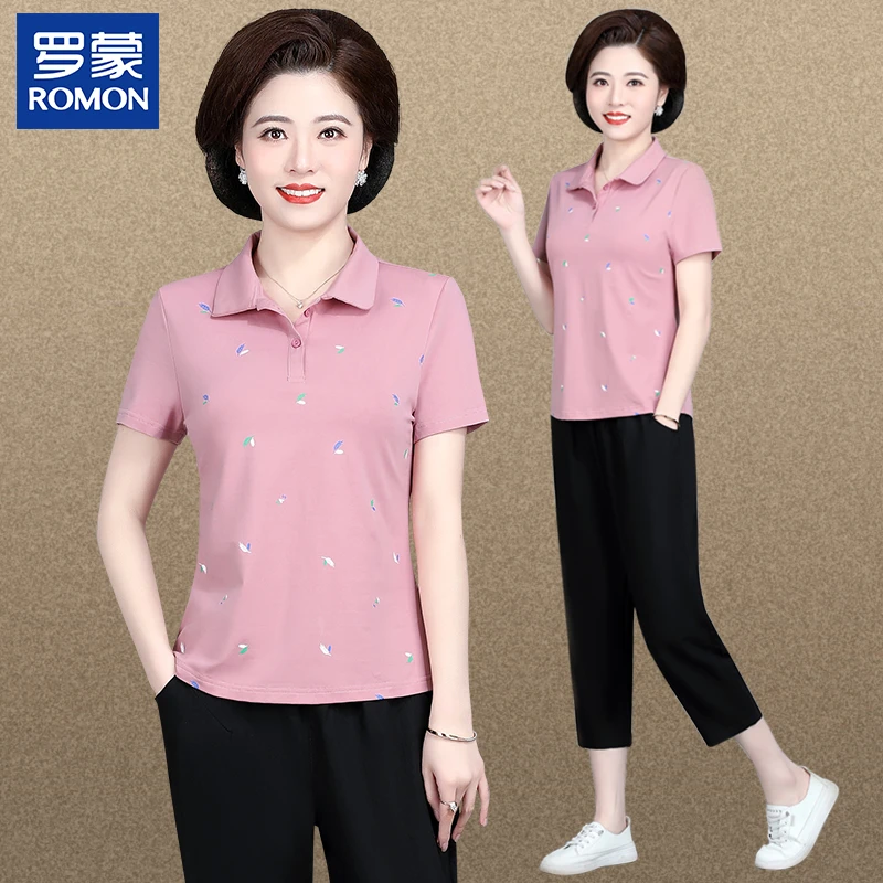 罗蒙妈妈装夏季跑步套装2025新款中年时尚上衣中老年女休闲两件套