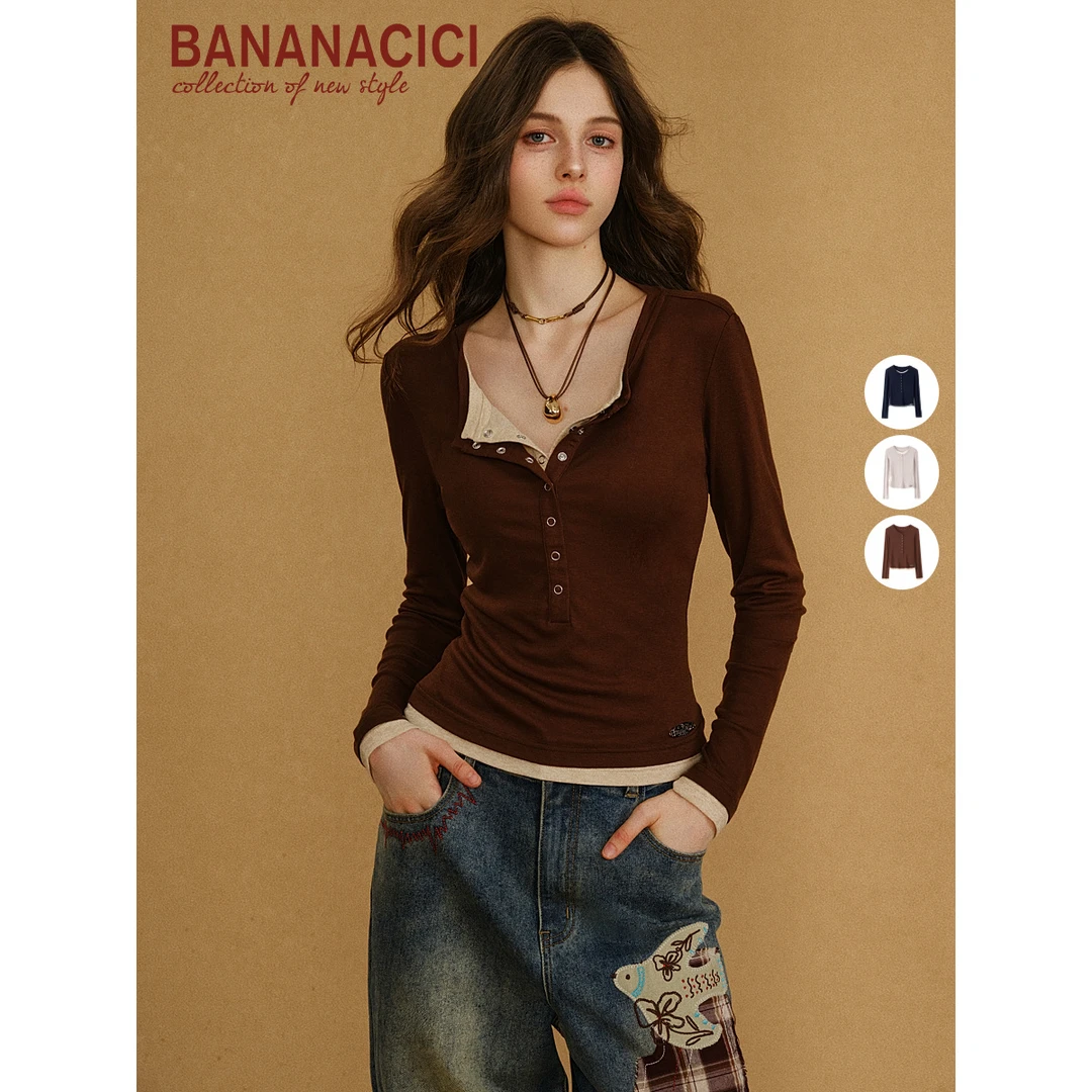 BANANA CICI2025年秋季新款天丝亨利领叠穿假两件撞色长袖T恤