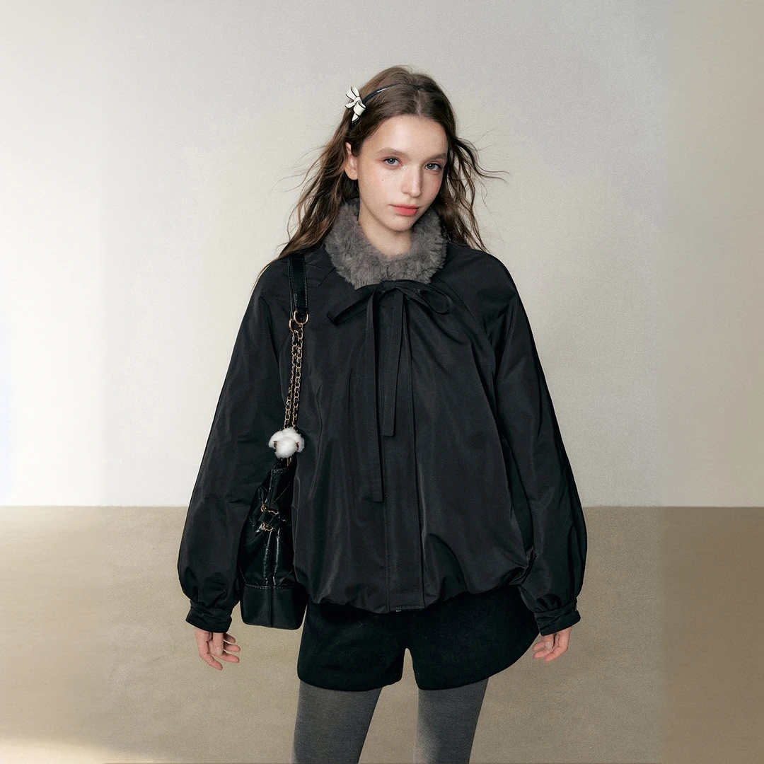 AD1S WPKD125冬季新款设计感小众上衣毛领加厚黑色花苞棉服外套女