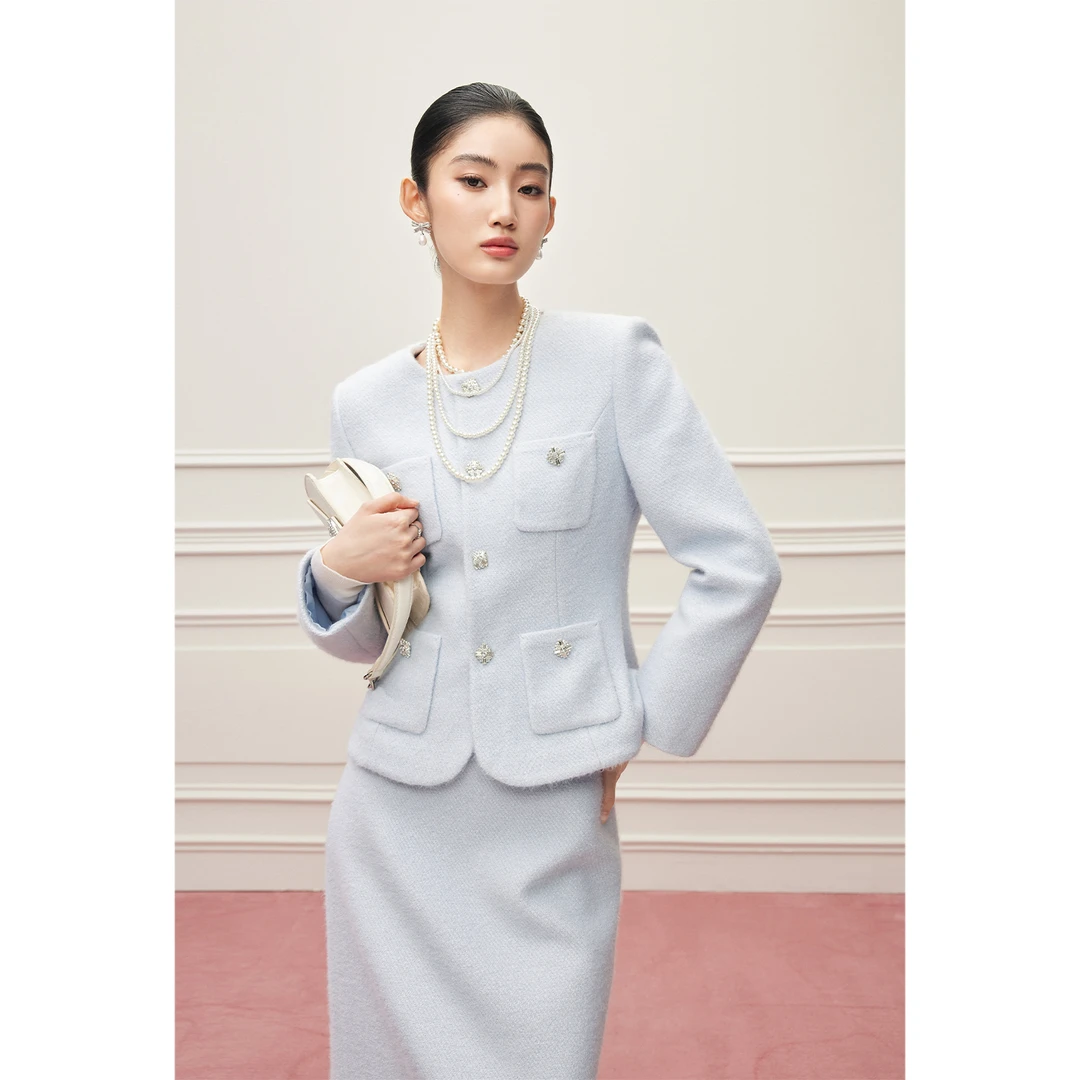 【Mandy千金穿搭】蓝色气质香风钻扣女秋冬新款气质上衣