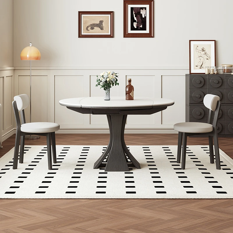 法式复古可伸缩折叠岩板餐桌家用小户型方圆两用圆形实木吃饭桌子