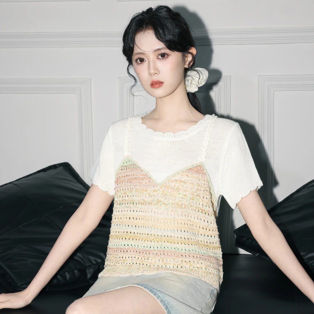 假两件冰丝针织短袖T恤女2025夏季新款多巴胺撞色镂空体恤短上衣