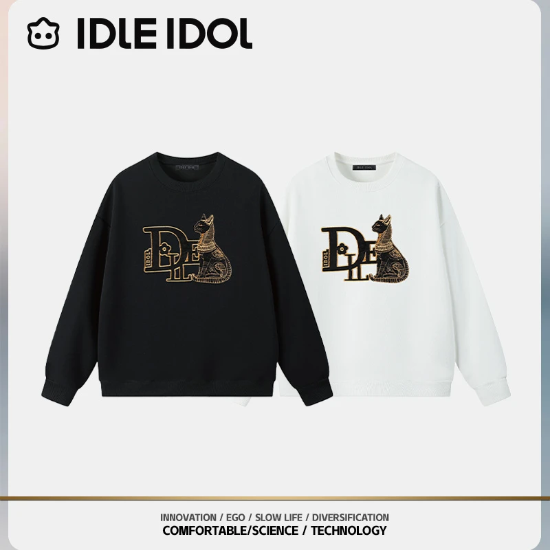 IDLE IDOL秋冬款刺绣埃及猫卫衣时尚潮流休闲百搭情侣款连帽卫衣