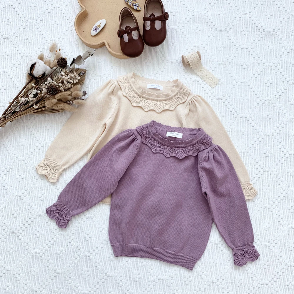 【微风童话】秋冬新款女童薄款细毛线套头韩版毛衣儿童花边领针织衫