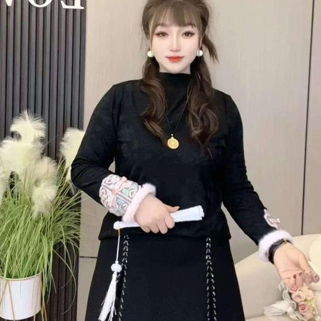 长袖常规女半高领刺绣新中式T恤针织加厚打底