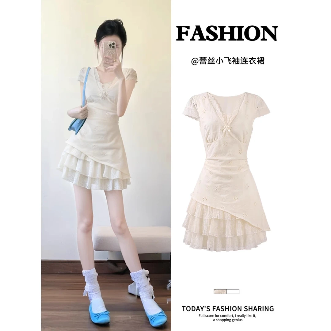 白色v领假两件连衣裙短款女夏日绝美巨好看掐腰小白裙子纯欲穿搭