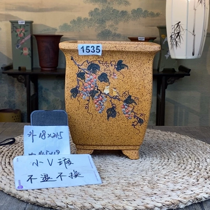 紫砂花盆  微微瑕柴烧彩绘葡萄四方签筒1535