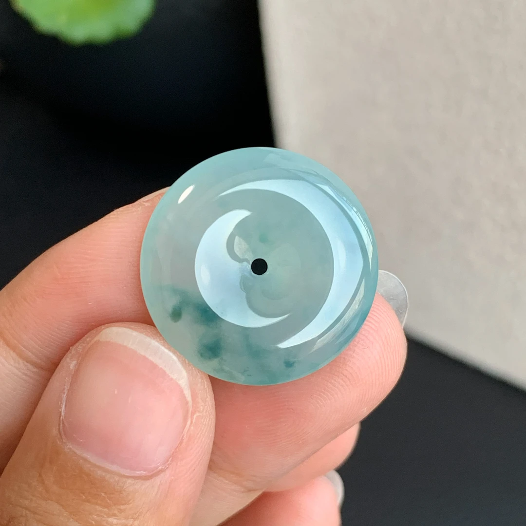 【平平安安】清澈 天然翡翠A货蓝胶飘蓝平安扣吊坠 定制毛货未抛光