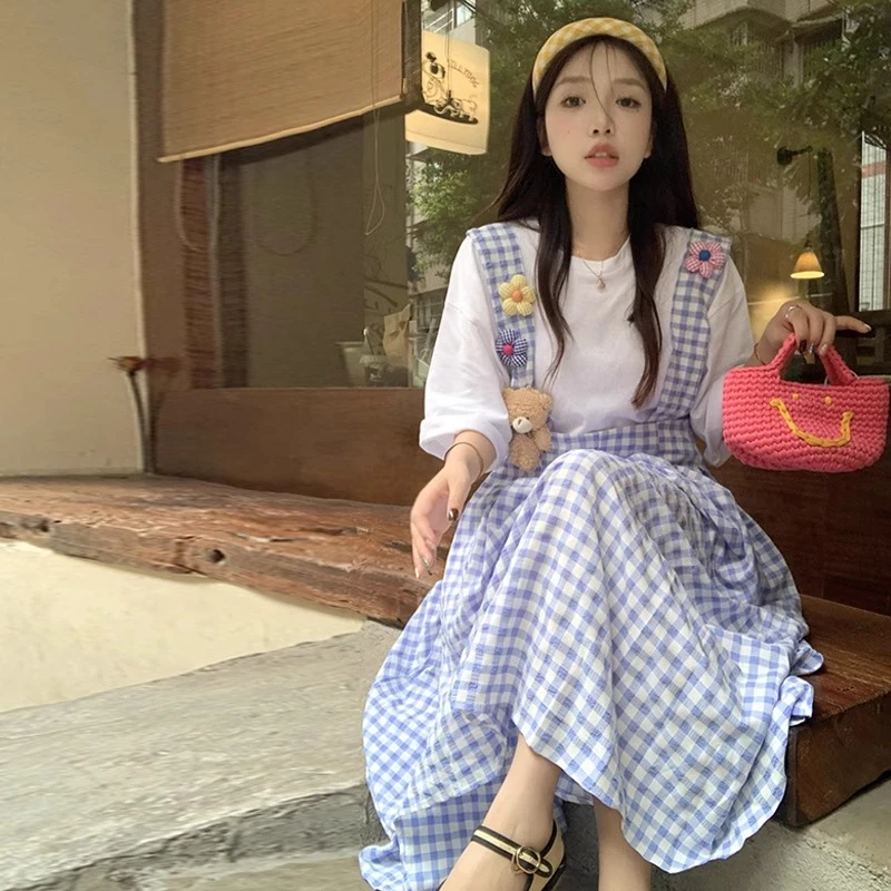 学院风炸街时尚套装韩系重工立体花朵格子背带裙+圆领T恤