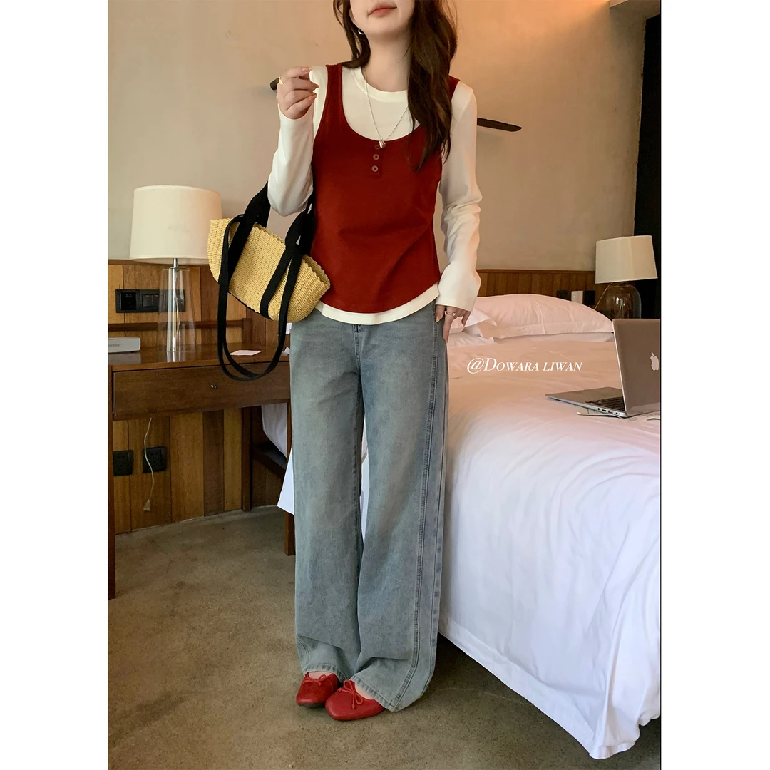 现货大婉酱微胖定制复古蓝阔腿牛仔裤春季高腰遮胯直筒裤子 6477D