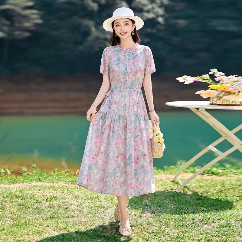 棉麻碎花连衣裙女装夏季新款收腰显瘦时尚气质妈妈遮肚减龄长裙子