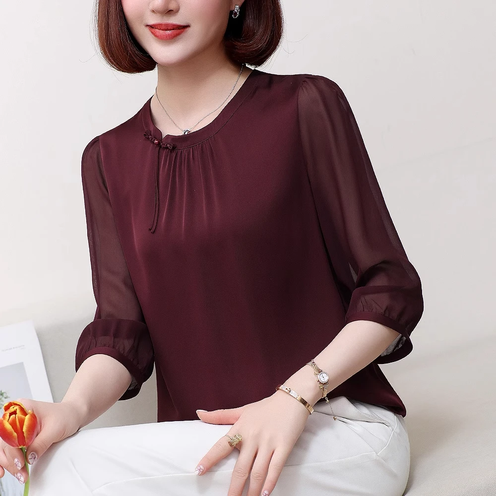 2025夏季新款高级真丝上衣女桑蚕丝衬衫休闲百搭宽松半袖纯色小衫