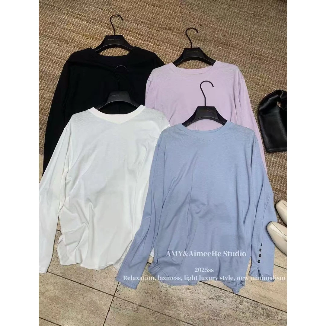 Mozch  亚M棉混纺超柔袖口4粒扣极简百搭防晒T恤【前65后72】110