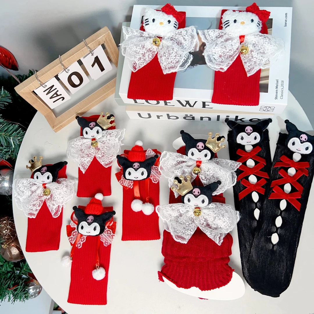 儿童蝴蝶结新年中筒袜库洛米公仔红袜可爱原创生日袜