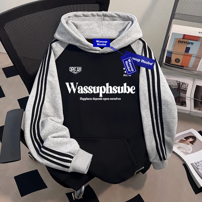 WASSUP HSUBE国潮牌重磅撞色拼接连帽卫衣美式oversize三条杠上衣