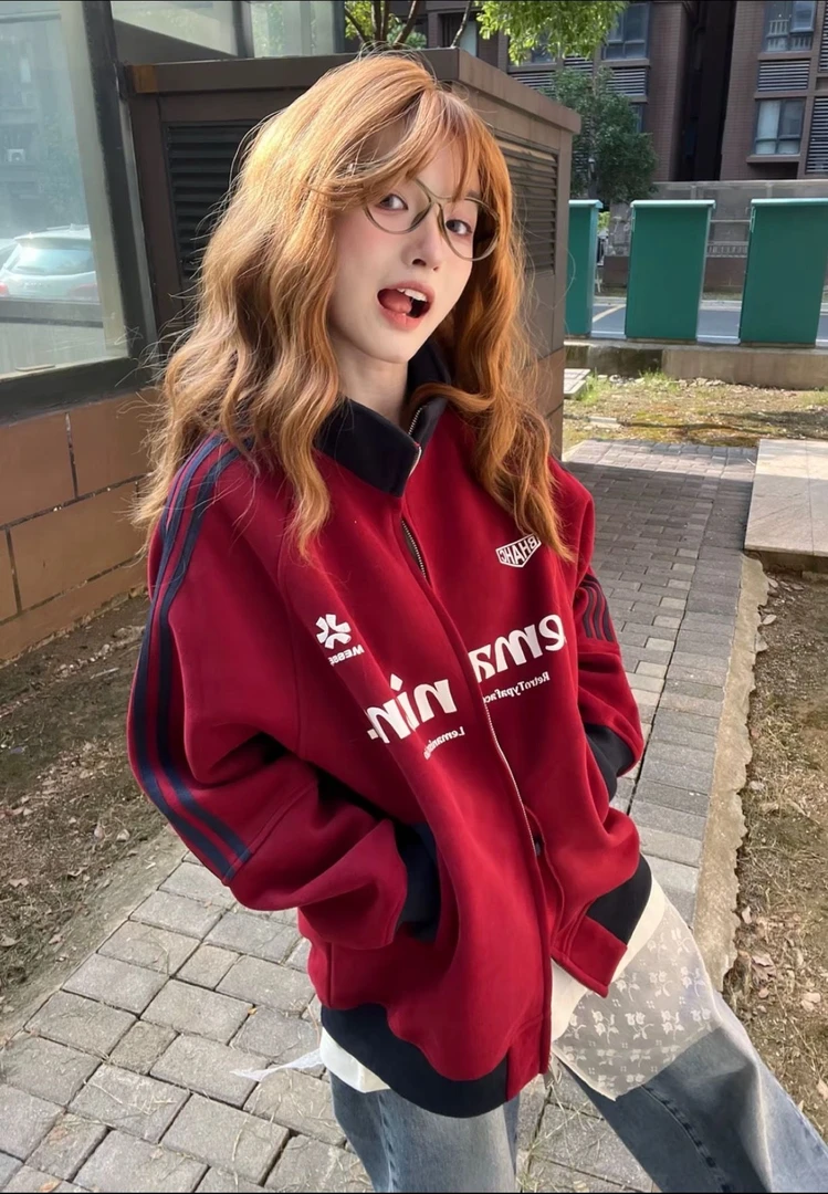 棒球服红色复古拉链运动外套女秋季三条杠泽西风开衫夹克衣1375#