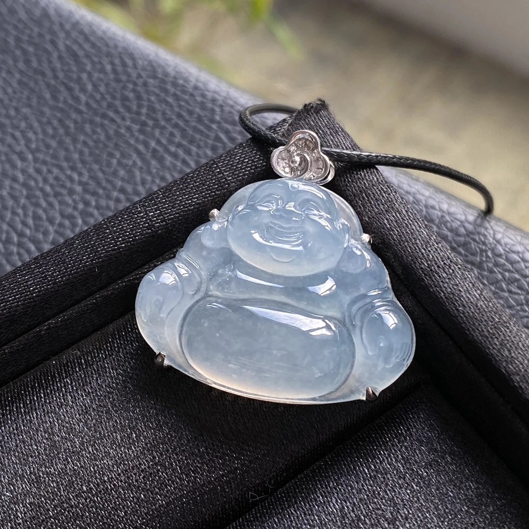 【老张珠宝】HH 天然缅甸翡翠A货浅晴蓝底佛公24.3*30.7*5.6mm