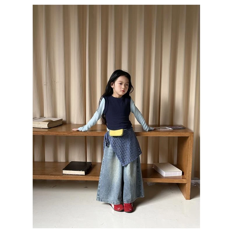 Harper kids 韩系女童撞色宽松背心蓝色打底衫两件套 H25A030740