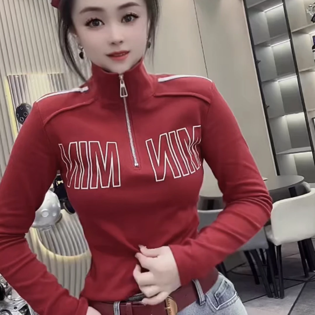 新款女士时尚显瘦百搭立领拉链T桖上衣