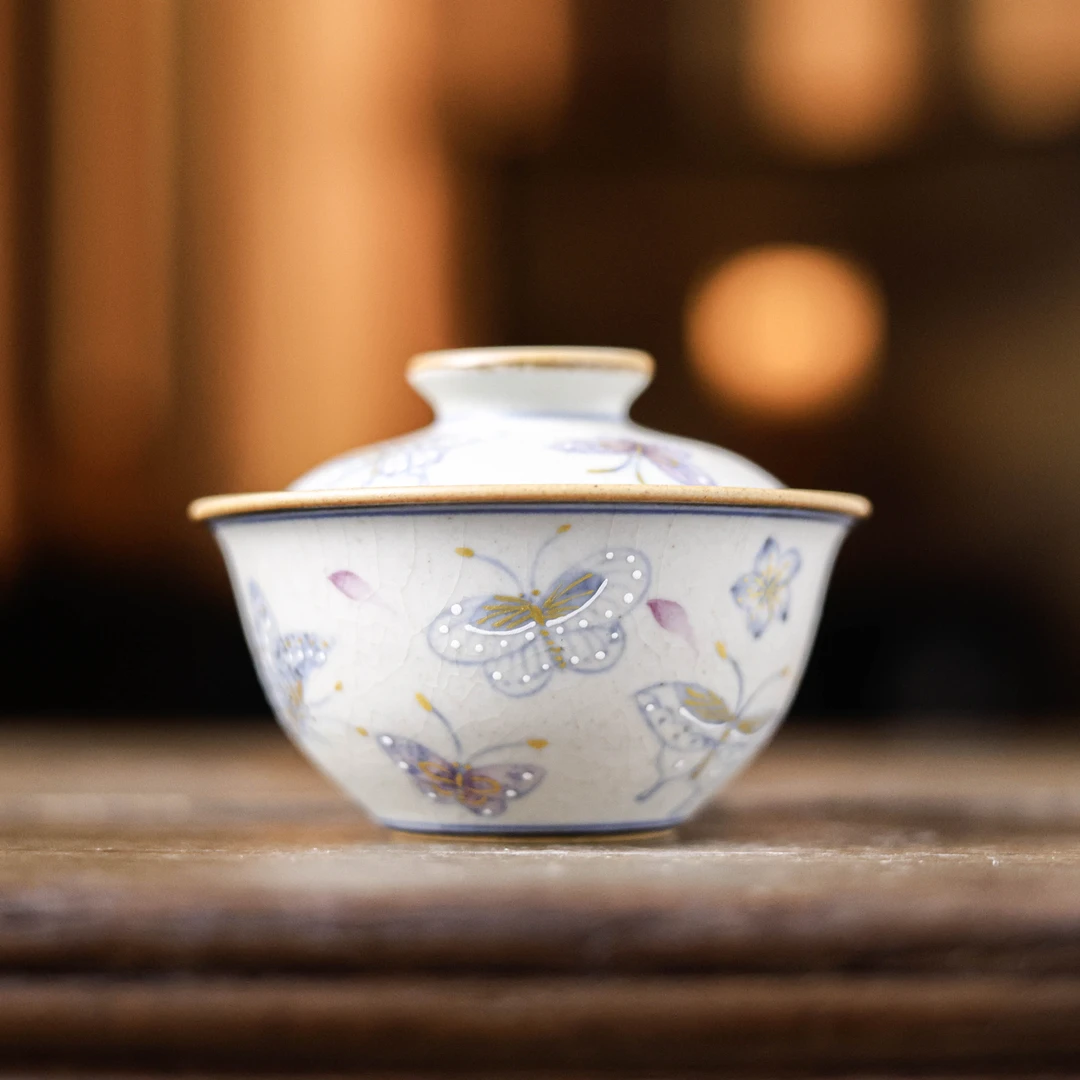 【静姐小院】描金蝴蝶-朴云堂-元宝盖碗-100ML（朴碗0157）