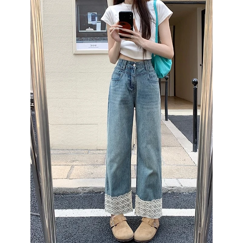 蕾丝花边高腰直筒牛仔裤女春季新款韩版拼九分直筒阔腿裤