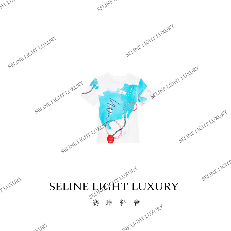 【25C-018】2024 SELINE 设计感重工白蓝烫钻泼墨风百搭气质短袖T恤