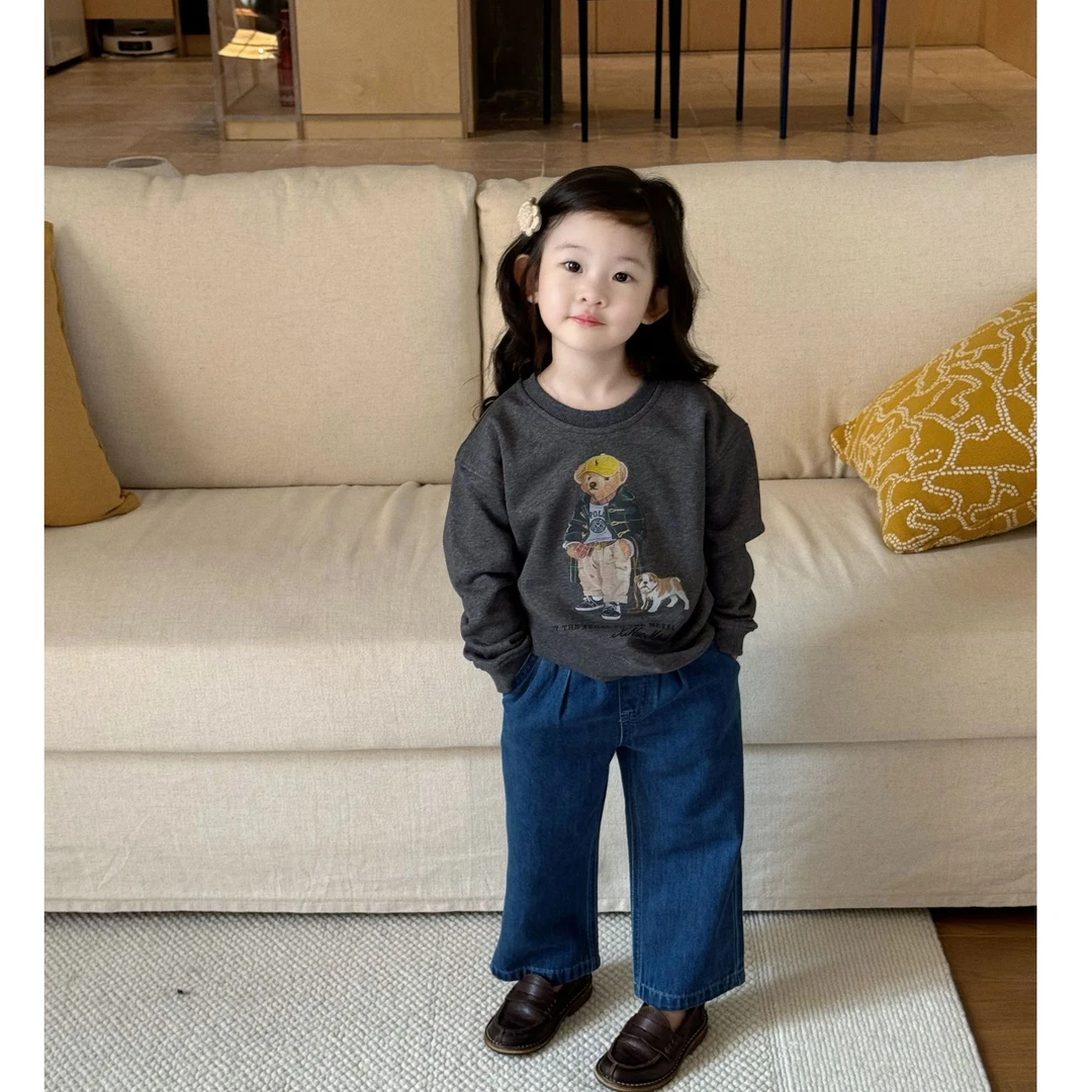 壹妈时尚少女风套装女童卡通印花打底衫百搭秋季休闲直筒牛仔裤子