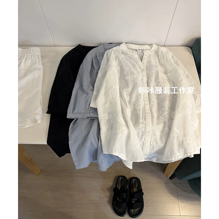 REKAYYAT “砂糖”100%棉休闲时尚百搭宽松舒适新中式刺绣中袖衬衫