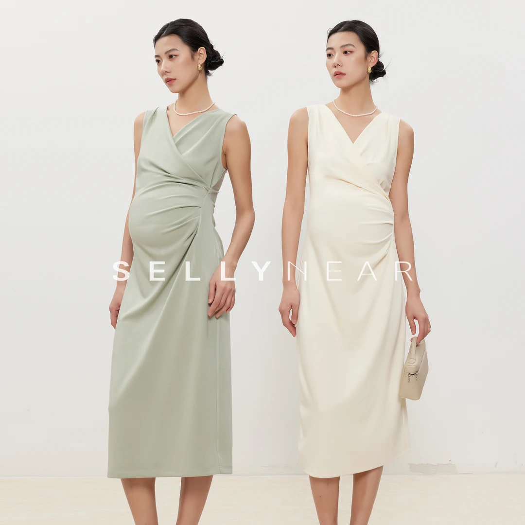 SELLYNEAR孕妇装新款连衣裙时尚气质法式优雅显瘦开衩弹力孕期裙