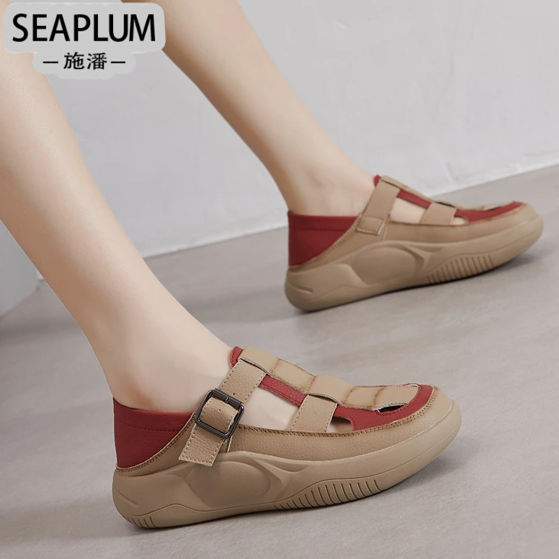 SEAPLUM红色包头百搭凉鞋女款2025时尚真皮厚底丑萌女士不累脚凉