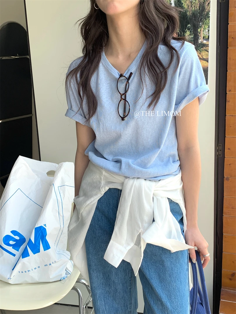 韩系蓝色防晒短袖女t恤夏季新款宽松圆领套头正肩凉感雪花棉上衣
