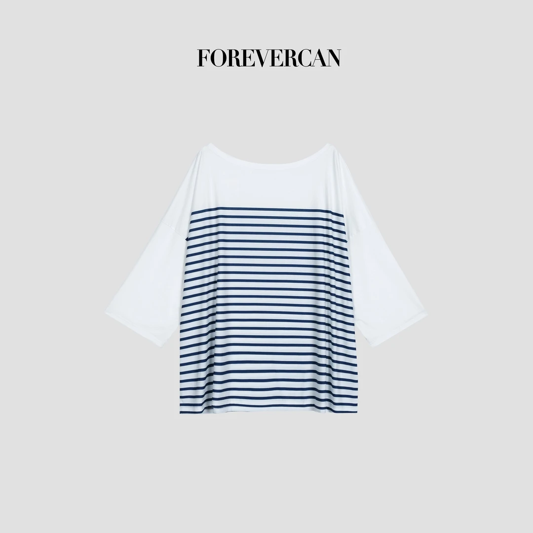 FOREVERCAN“条纹序曲”海军风慵懒经典撞色条纹短袖T恤ST23059