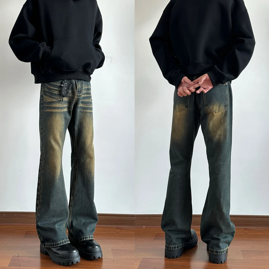 麻瓜兄弟美式高街复古水洗做旧牛仔裤男潮517微喇cleanfit长裤子